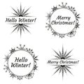 Merry Christmas and Hello winter logo set with typography text and snowflakes. Xmas and Winter icon, badge or greeting card decor.